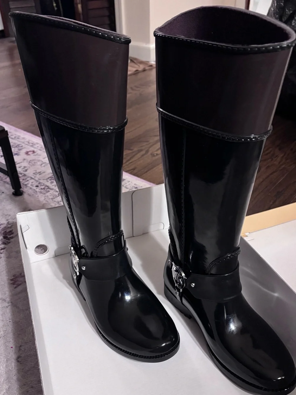 Michael Kors Glossy Black Knee-High Rain Boots with MK Emblem